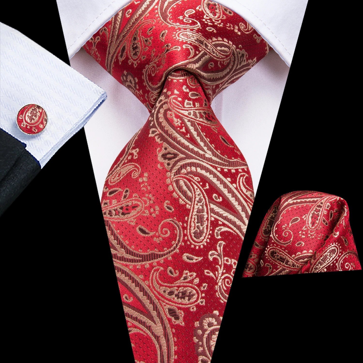 Red Paisley Silk Tie - With Matching Cufflinks & Pocket Square