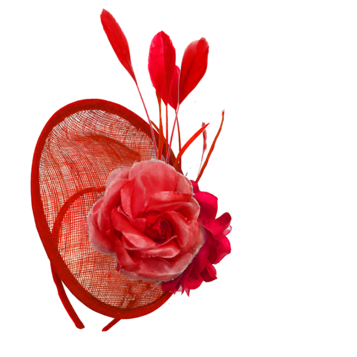 Scarlet Red Sinamay Rose Disc Saucer Fascinator Hat on Headband