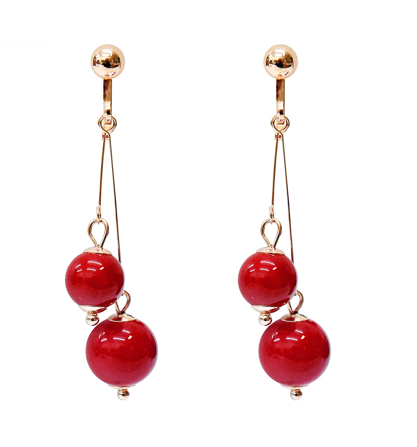 Crystal Drop Dangle Clip On Earrings Tassel Non Pierced Round Red Bead Gold