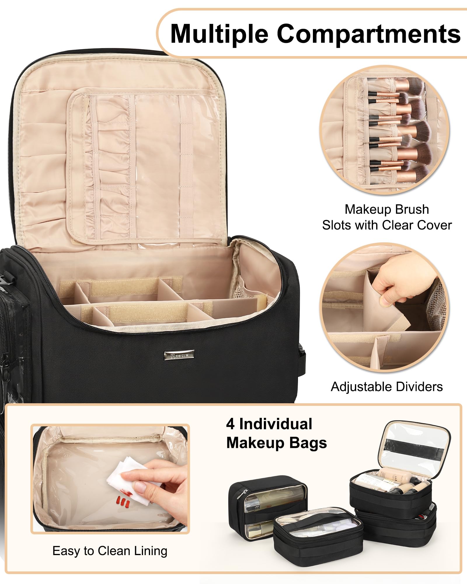 Relavel Rolling Makeup Train Case on Wheels | 360° Spinner & 4 Clear Bags