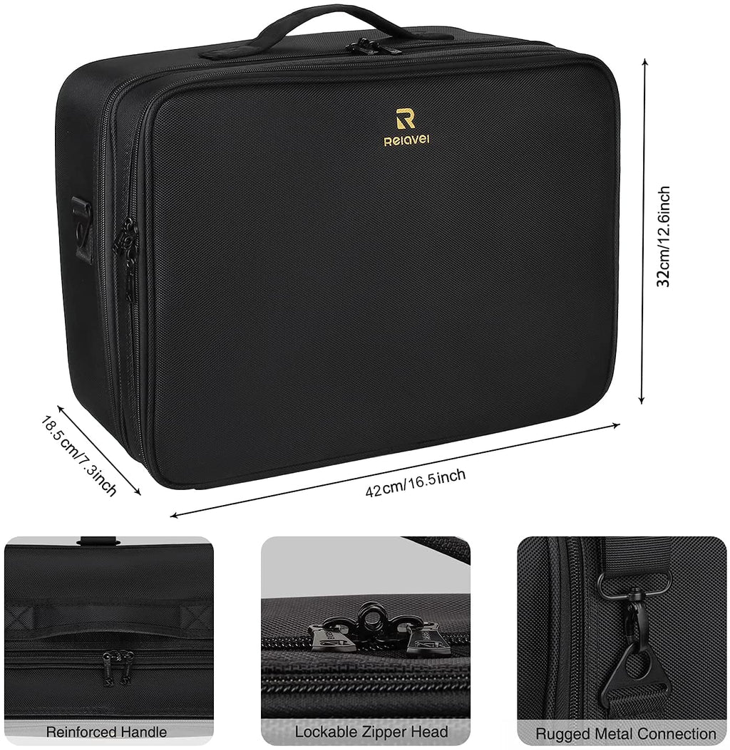 Relavel Extra Large Makeup Case – Premium Travel Train Case with Adjustable Dividers