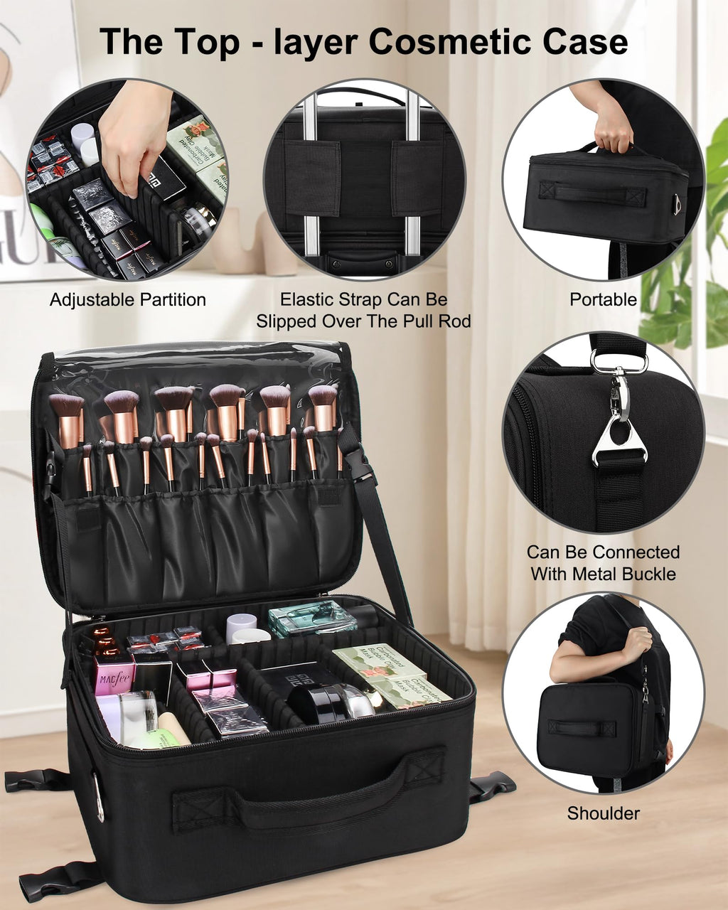 Relavel 3-in-1 Rolling Makeup Case | Pro Travel Trolley with Wheels (Black)
