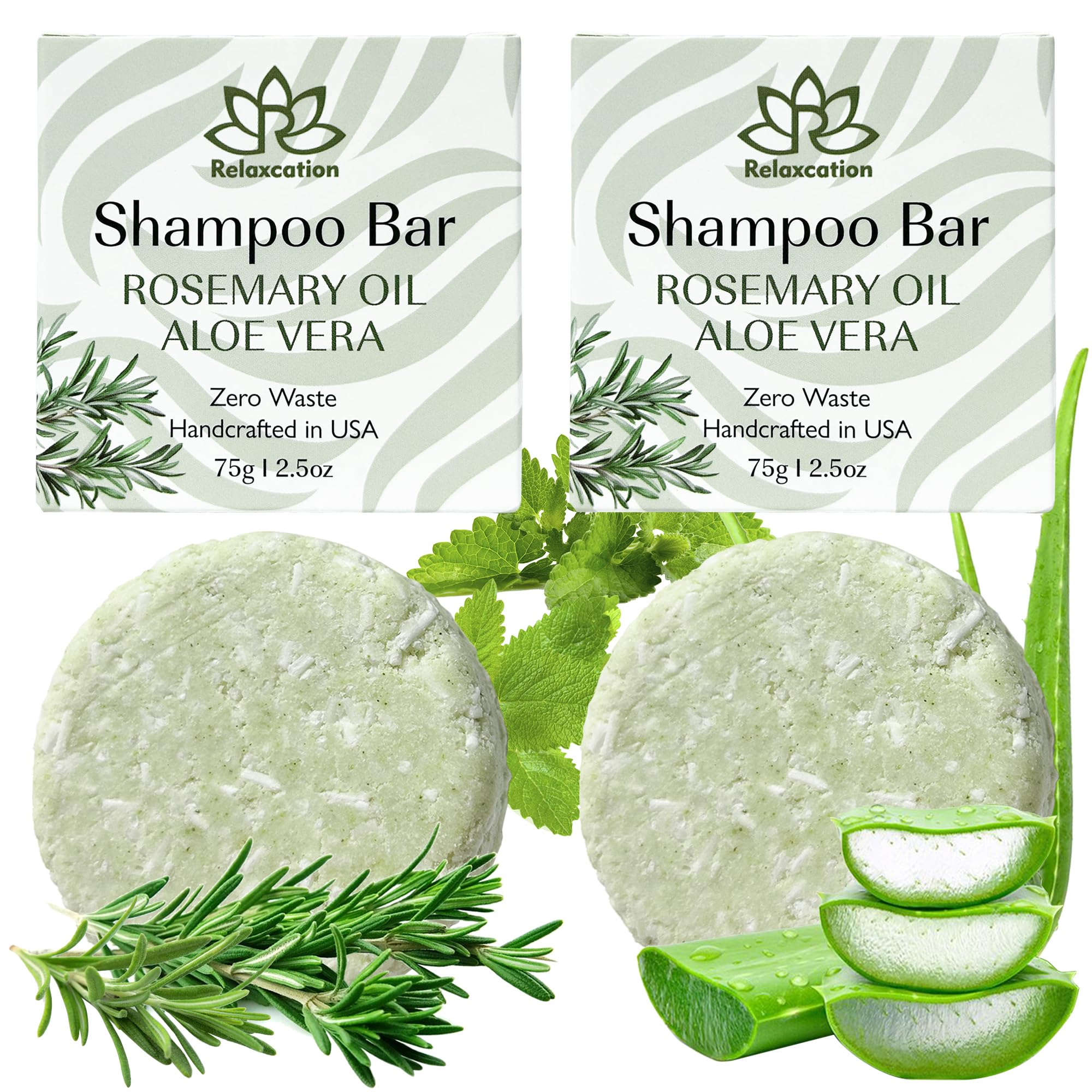 Relaxcation Organic Rosemary & Aloe Vera Solid Shampoo Bar 2-Pack – Refreshing, Hydrating Hair Care