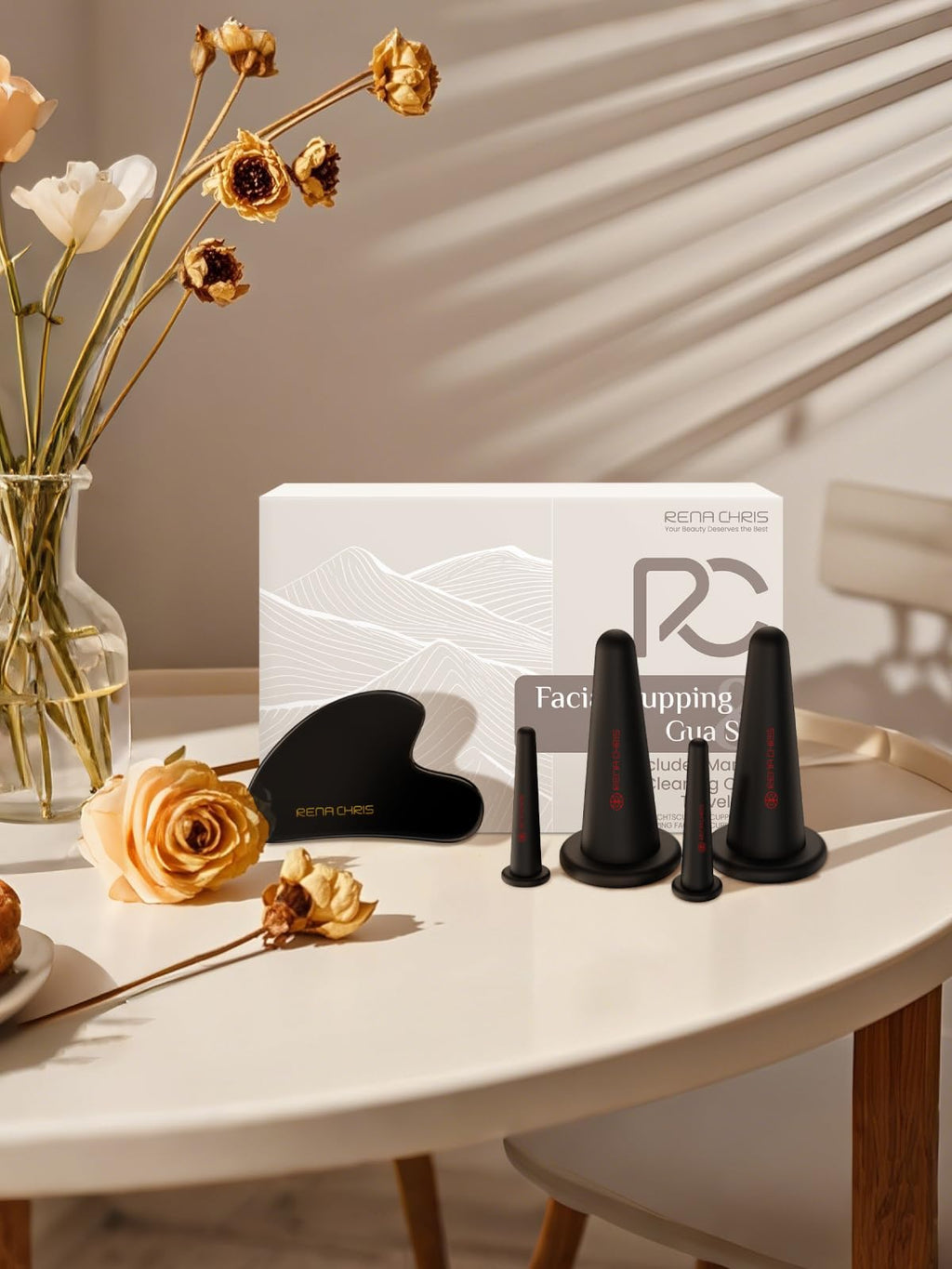 Rena Chris Facial Cupping Set & Gua Sha Tool – Silicone Cups + Obsidian Stone