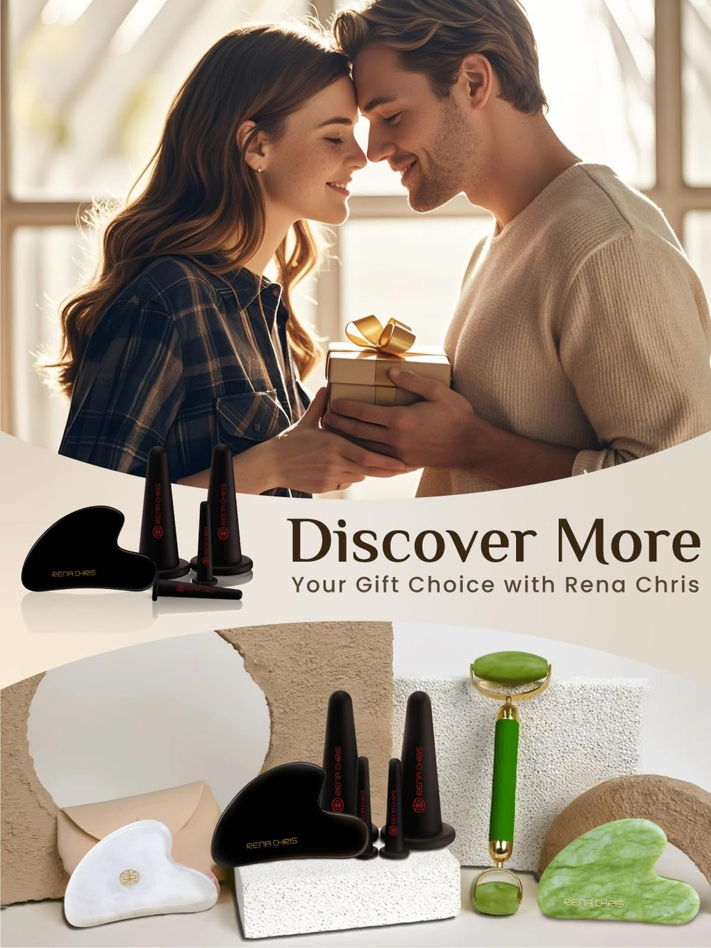 Rena Chris Facial Cupping Set & Gua Sha Tool – Silicone Cups + Obsidian Stone