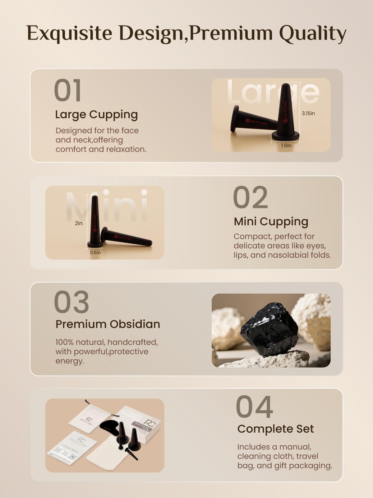 Rena Chris Facial Cupping Set & Gua Sha Tool – Silicone Cups + Obsidian Stone