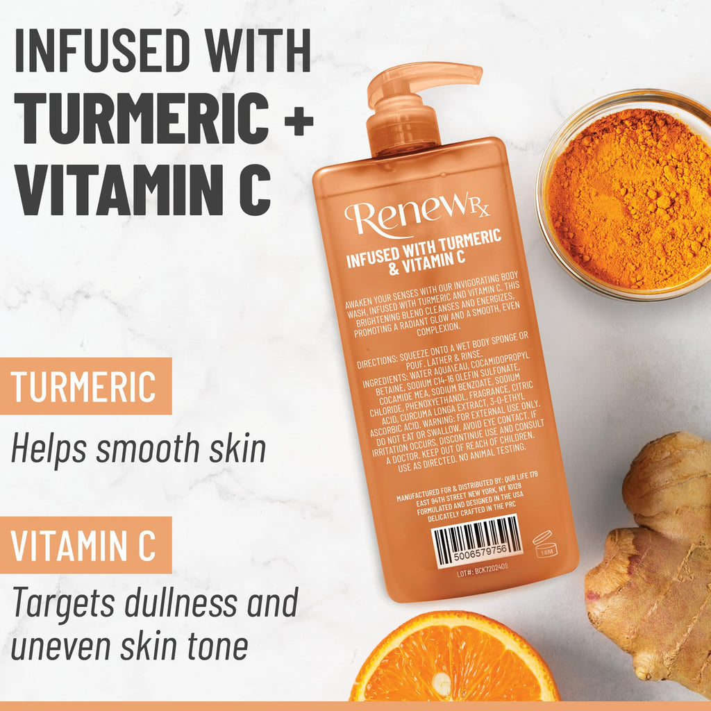 RENEW RX Turmeric + Vitamin C Radiating Body Wash – Hydrating, Radiance-Boosting Vegan Skincare (32 oz)