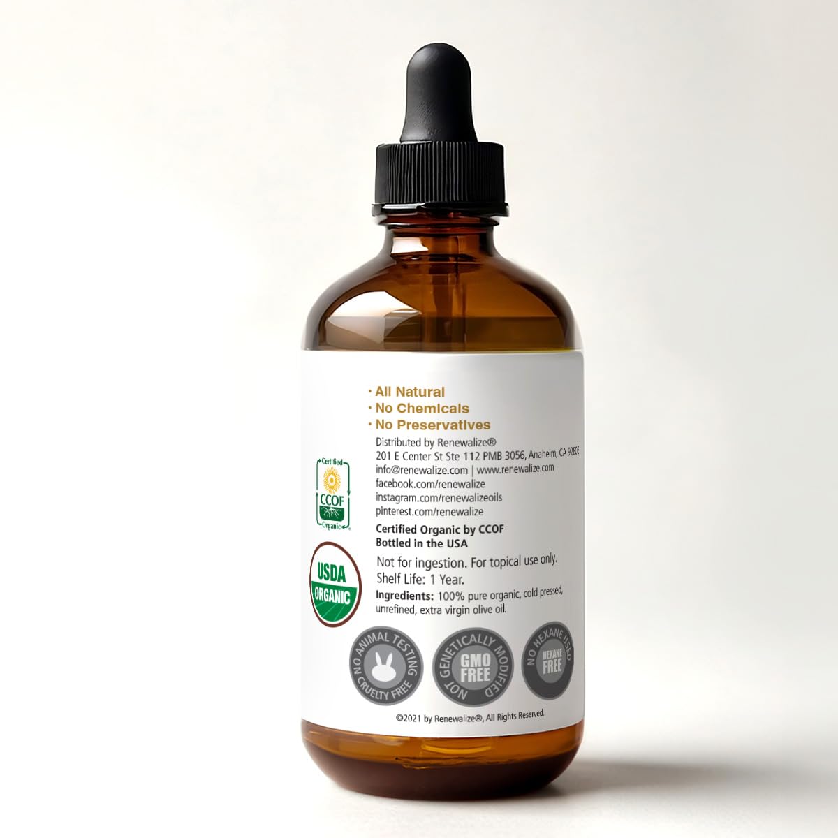 Renewalize Certified Organic Olive Oil – Dry Skin & Hair Moisturizer | Cold Pressed Extra Virgin