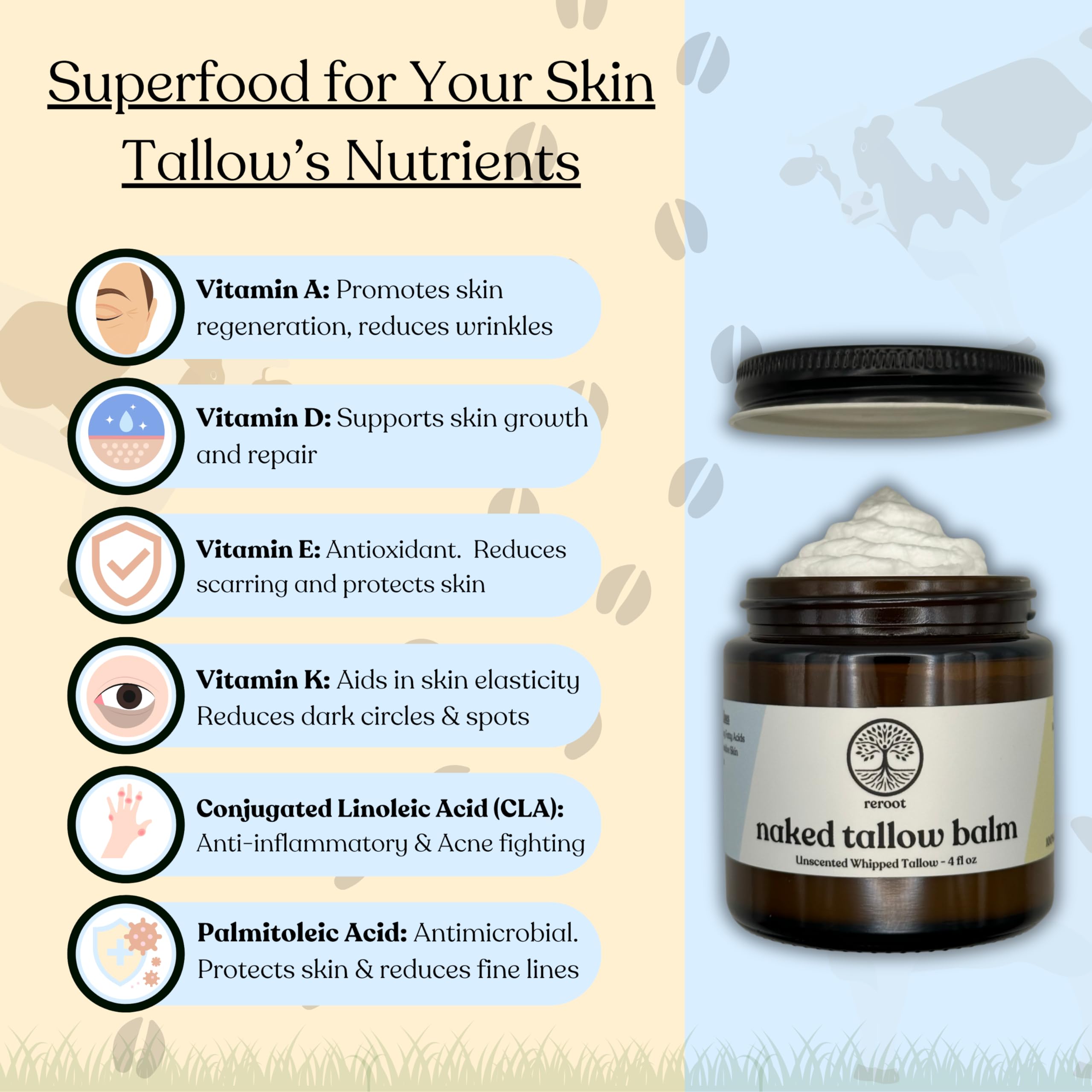 Reroot Organics Naked Tallow Balm – 1-Ingredient Grass-Fed Beef Tallow (4oz)