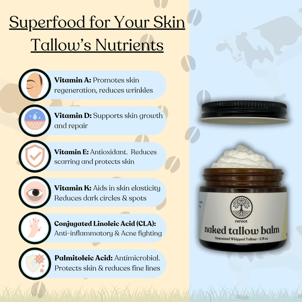 Reroot Organics Naked Tallow Balm – 1 Ingredient, Grass-Fed Beef Tallow, 2oz