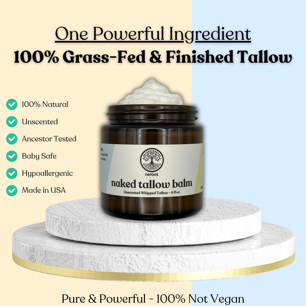 Reroot Organics Naked Tallow Balm – 1-Ingredient Grass-Fed Beef Tallow (4oz)