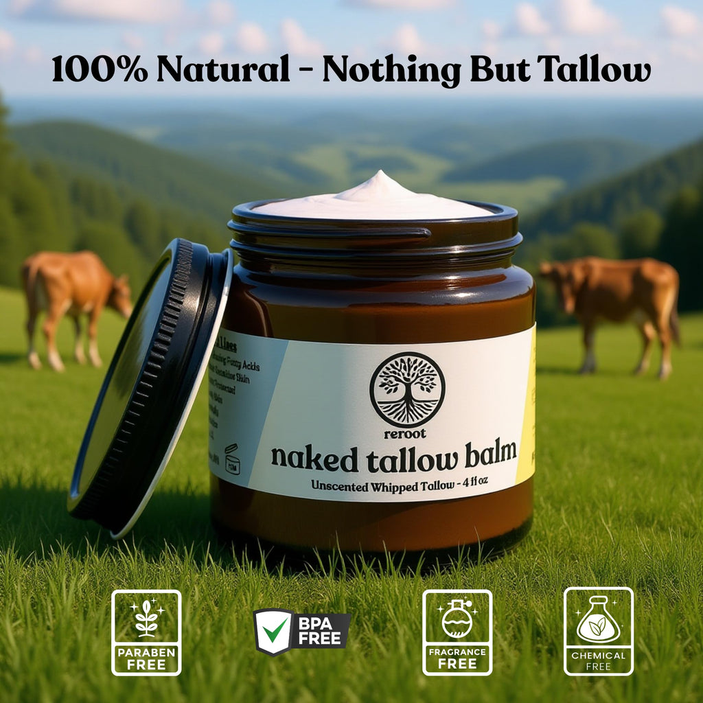 Reroot Organics Naked Tallow Balm – 1-Ingredient Grass-Fed Beef Tallow (4oz)