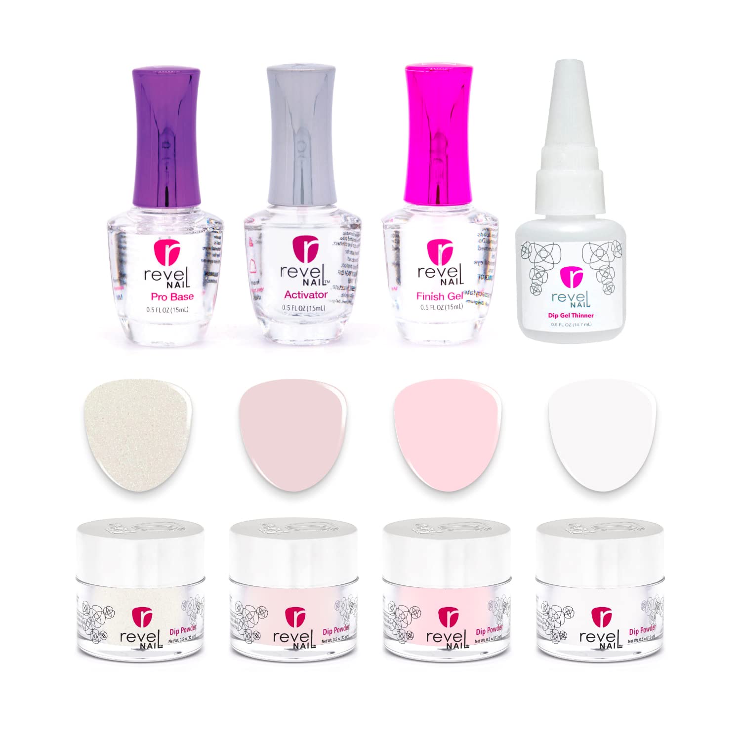 Revel Nail Dip Powder Starter Kit — 4-Color French Manicure Set with Base Coat, Activator, Finish Gel & Gel Thinner | Made in USA