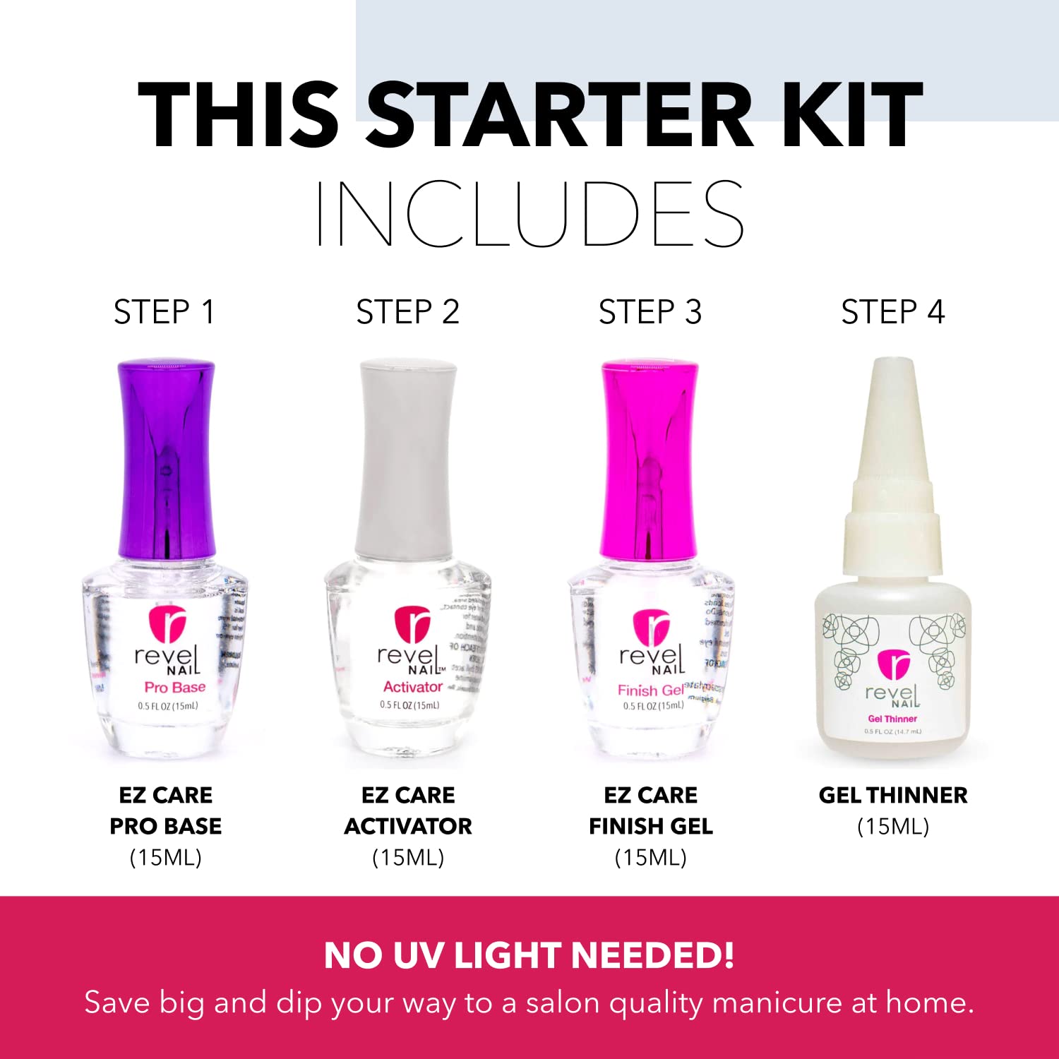 Revel Nail Dip Powder Starter Kit — 4-Color French Manicure Set with Base Coat, Activator, Finish Gel & Gel Thinner | Made in USA