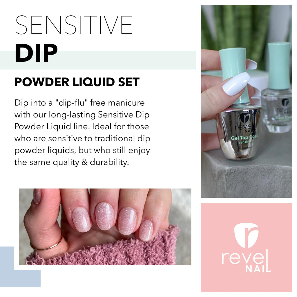 Revel Nail Sensitive Dip Powder Liquid Set – Base, Activator & Gel Top Coat | HEMA-Free
