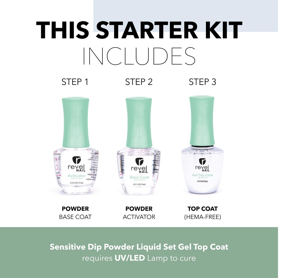 Revel Nail Sensitive Dip Powder Liquid Set – Base, Activator & Gel Top Coat | HEMA-Free