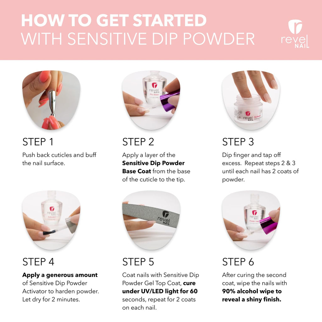 Revel Nail Sensitive Dip Powder Liquid Set – Base, Activator & Gel Top Coat | HEMA-Free