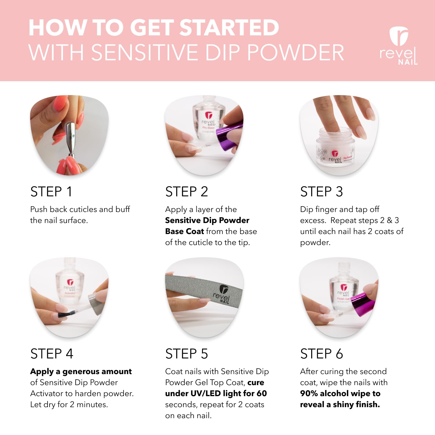 Revel Nail Sensitive Dip Powder Liquid Set – Base, Activator & Gel Top Coat | HEMA-Free