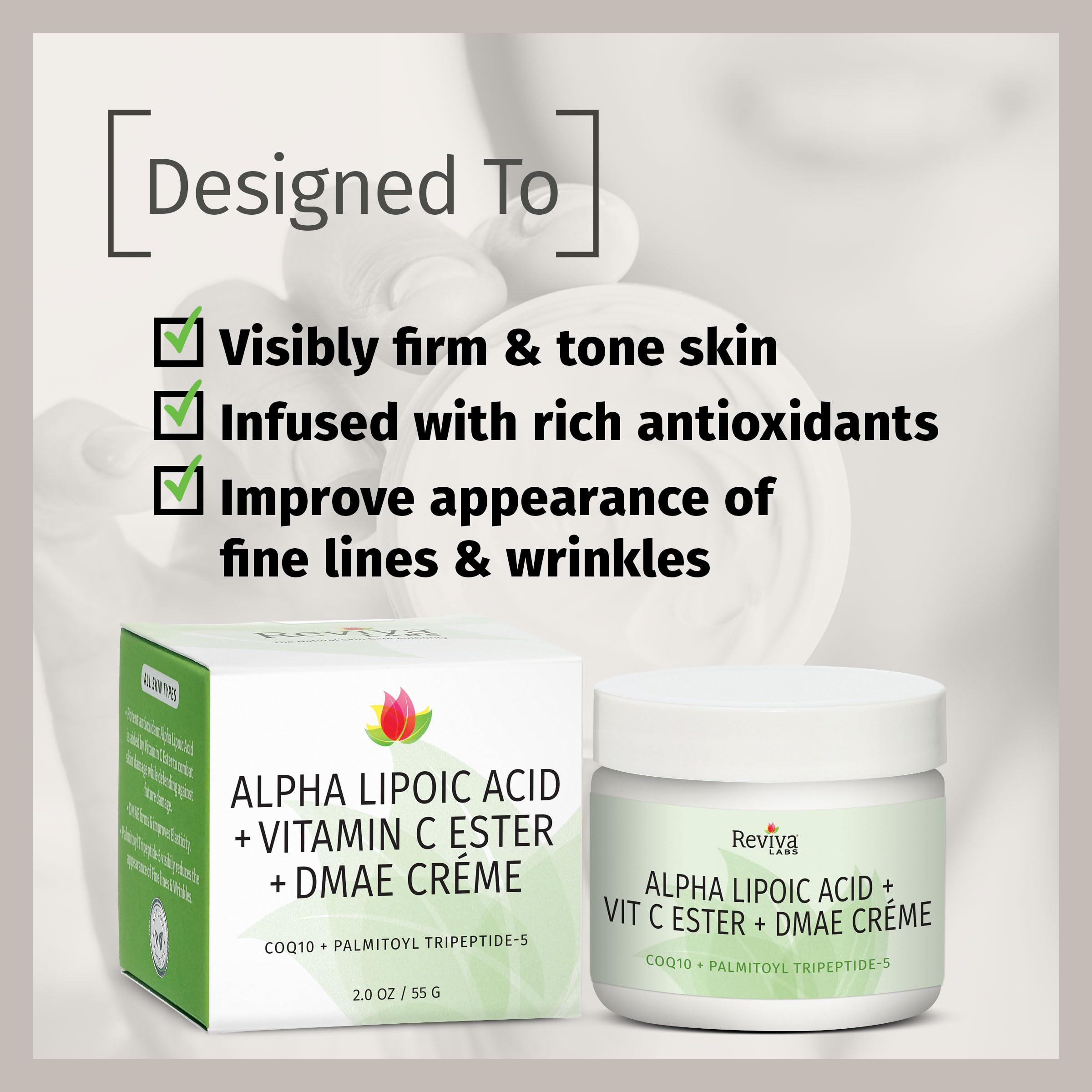 Reviva Labs DMAE Cream with Alpha Lipoic Acid & Vitamin C Ester – Firming Neck & Face Cream (3-pack, 2 oz each)