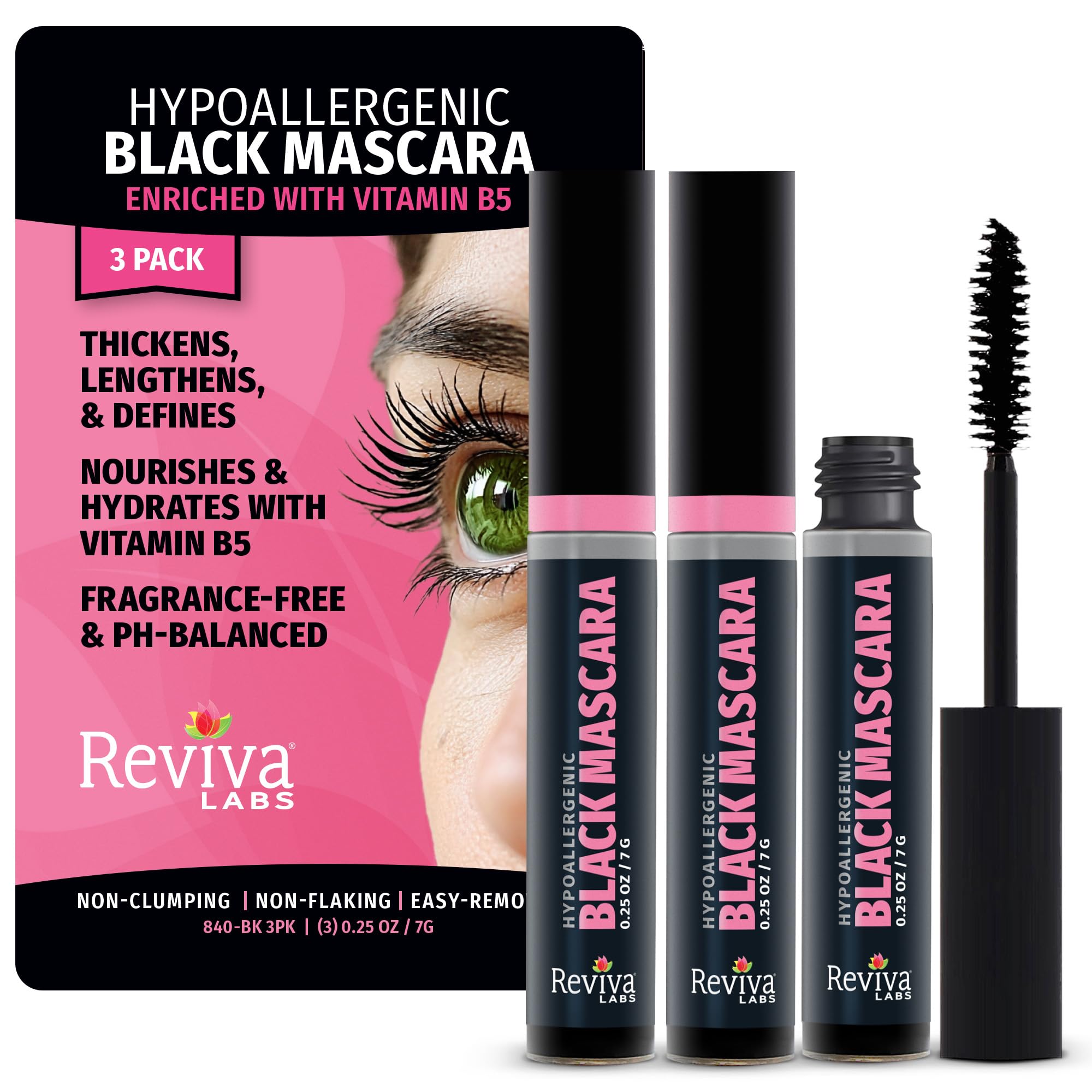 Reviva Labs Black Hypoallergenic Mascara – Gentle Volumizing & Lengthening for Sensitive Eyes (3-Pack)