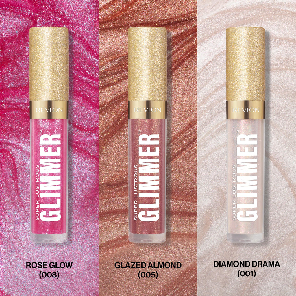 REVLON Super Lustrous Glimmer Gloss Gift Set – 3-Piece, Non-Sticky Lip Gloss with Plant-Based Glitter (Rose Glow, Glazed Almond, Diamond Drama)