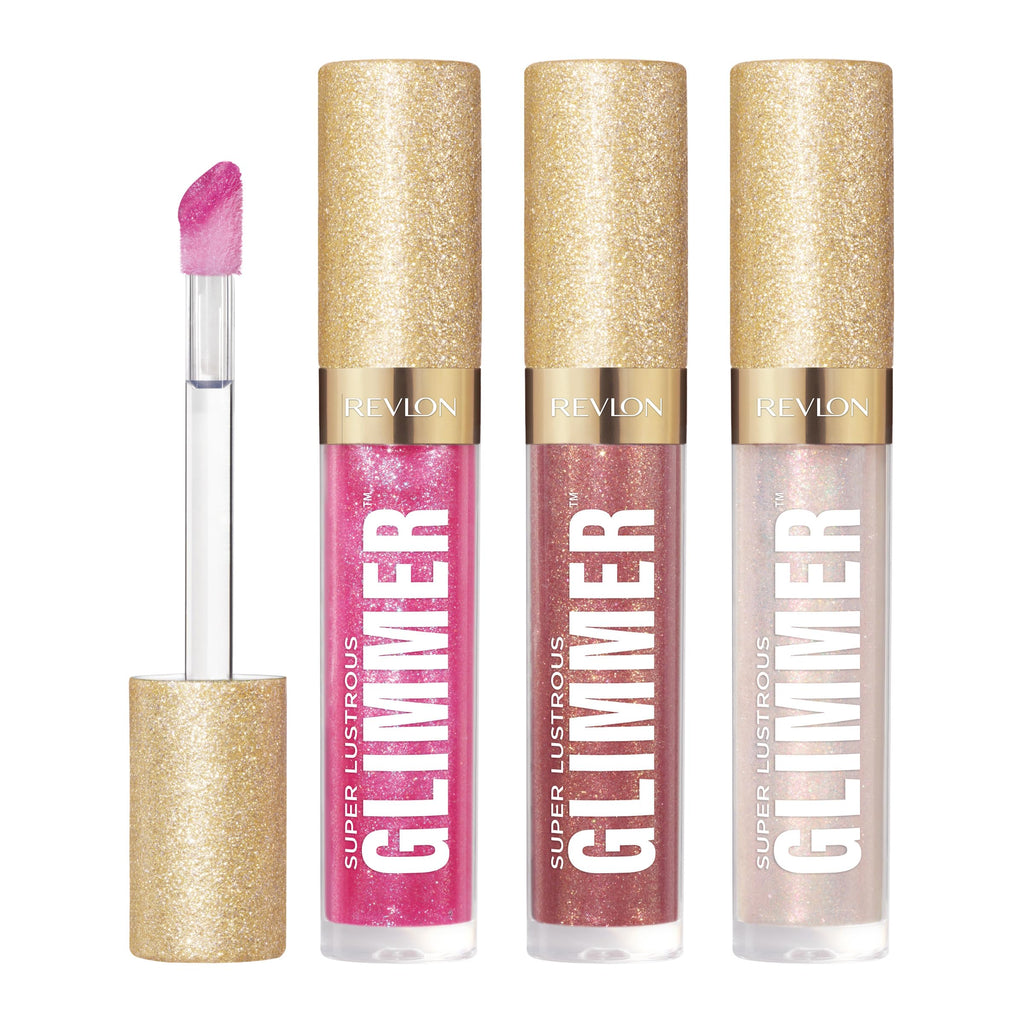 REVLON Super Lustrous Glimmer Gloss Gift Set – 3-Piece, Non-Sticky Lip Gloss with Plant-Based Glitter (Rose Glow, Glazed Almond, Diamond Drama)