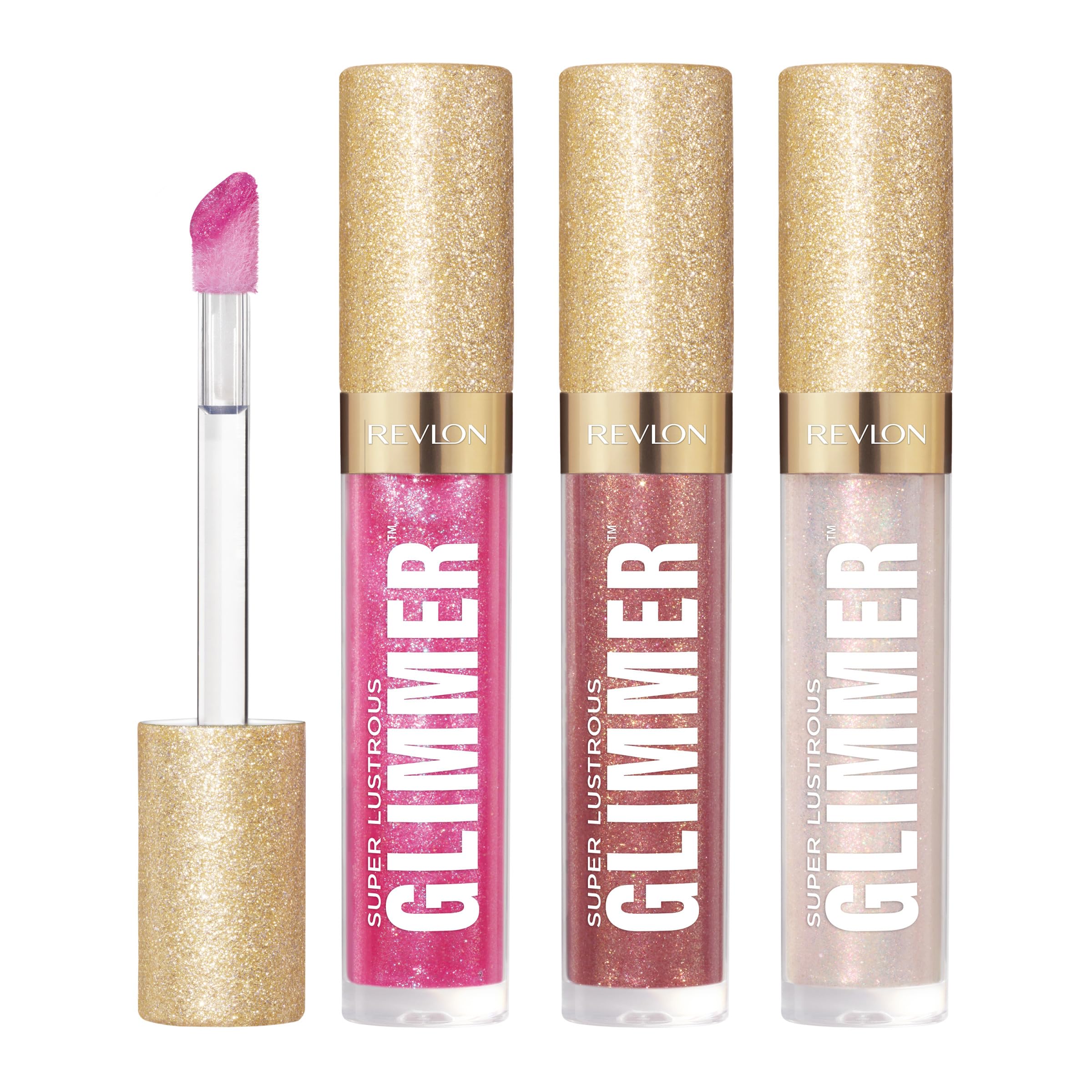 REVLON Super Lustrous Glimmer Gloss Gift Set – 3-Piece, Non-Sticky Lip Gloss with Plant-Based Glitter (Rose Glow, Glazed Almond, Diamond Drama)