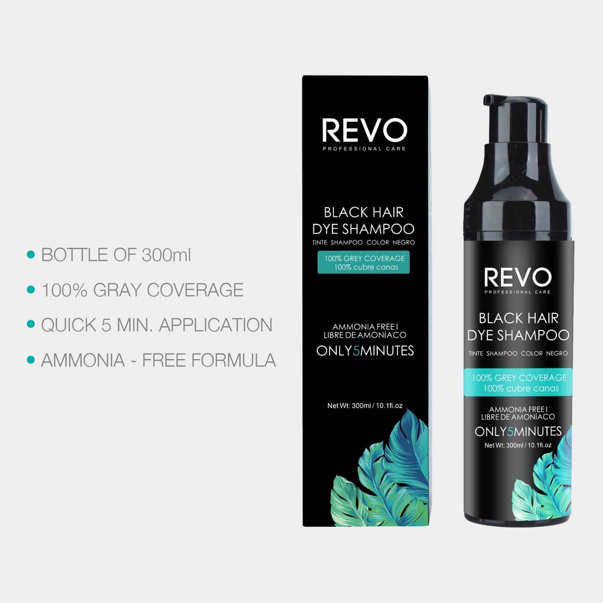 REVO Instant Black Hair Dye Shampoo – 3-in-1 Color & Conditioning (300ml) – Ammonia-Free, 5-Minute Gray Coverage