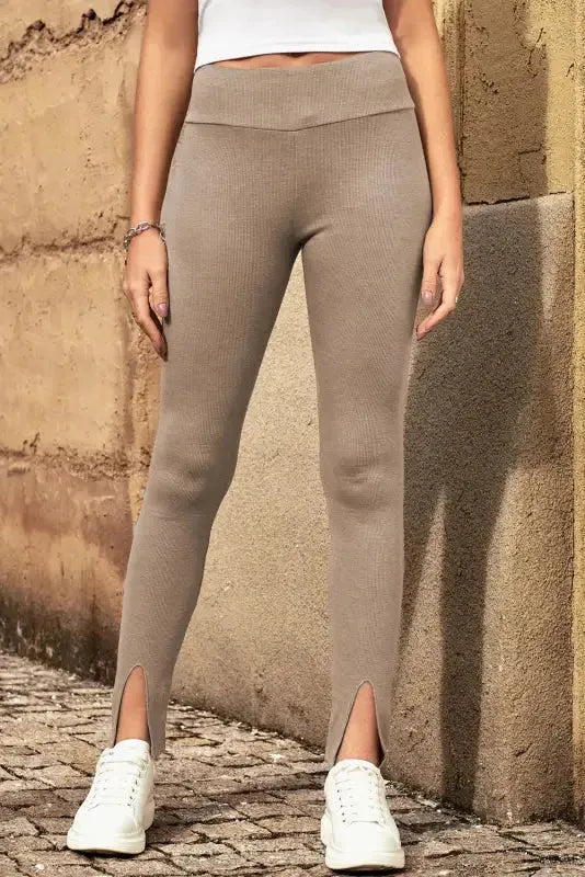 Rib Knit High Waist Slit Leggings Women UK