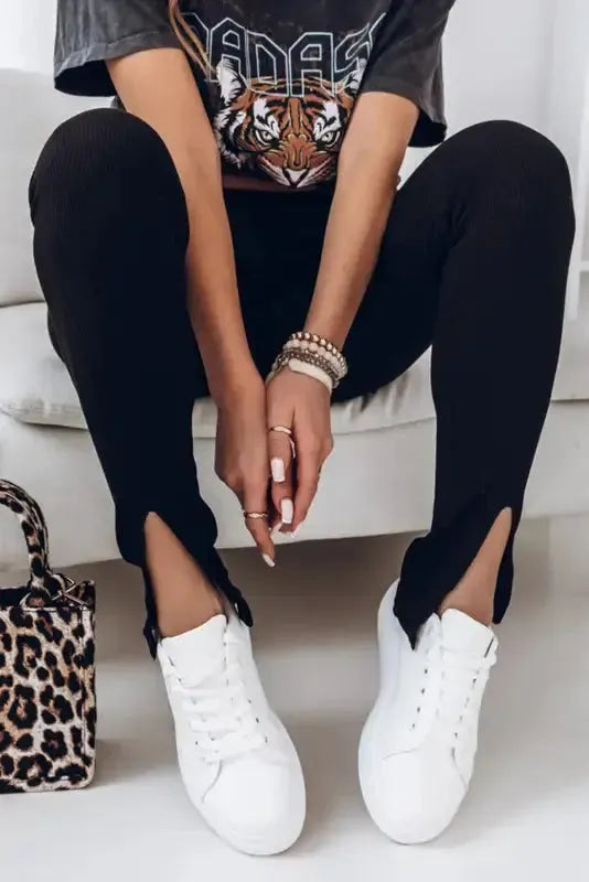 Rib Knit High Waist Slit Leggings Women UK