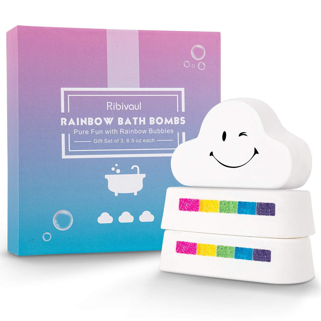 Ribivaul Cloud Rainbow Bath Bombs – XXXL Handmade 3x6 oz, Natural & Organic, Surprise Colors Inside