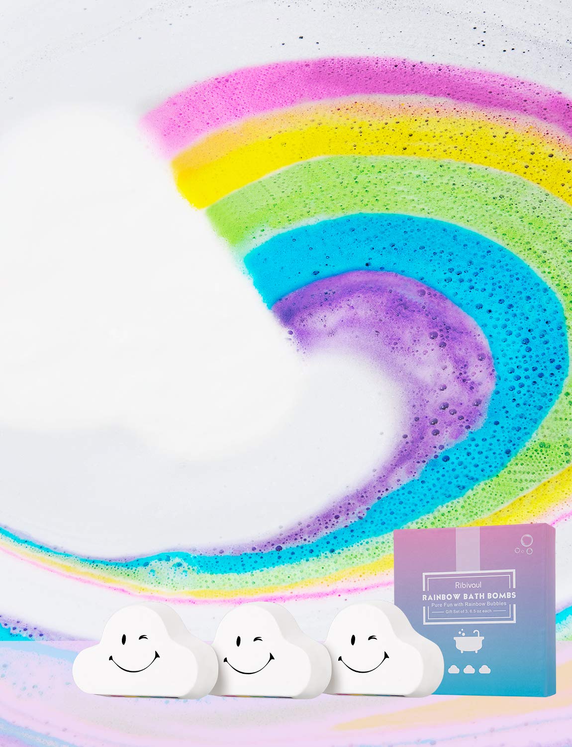 Ribivaul Cloud Rainbow Bath Bombs – XXXL Handmade 3x6 oz, Natural & Organic, Surprise Colors Inside