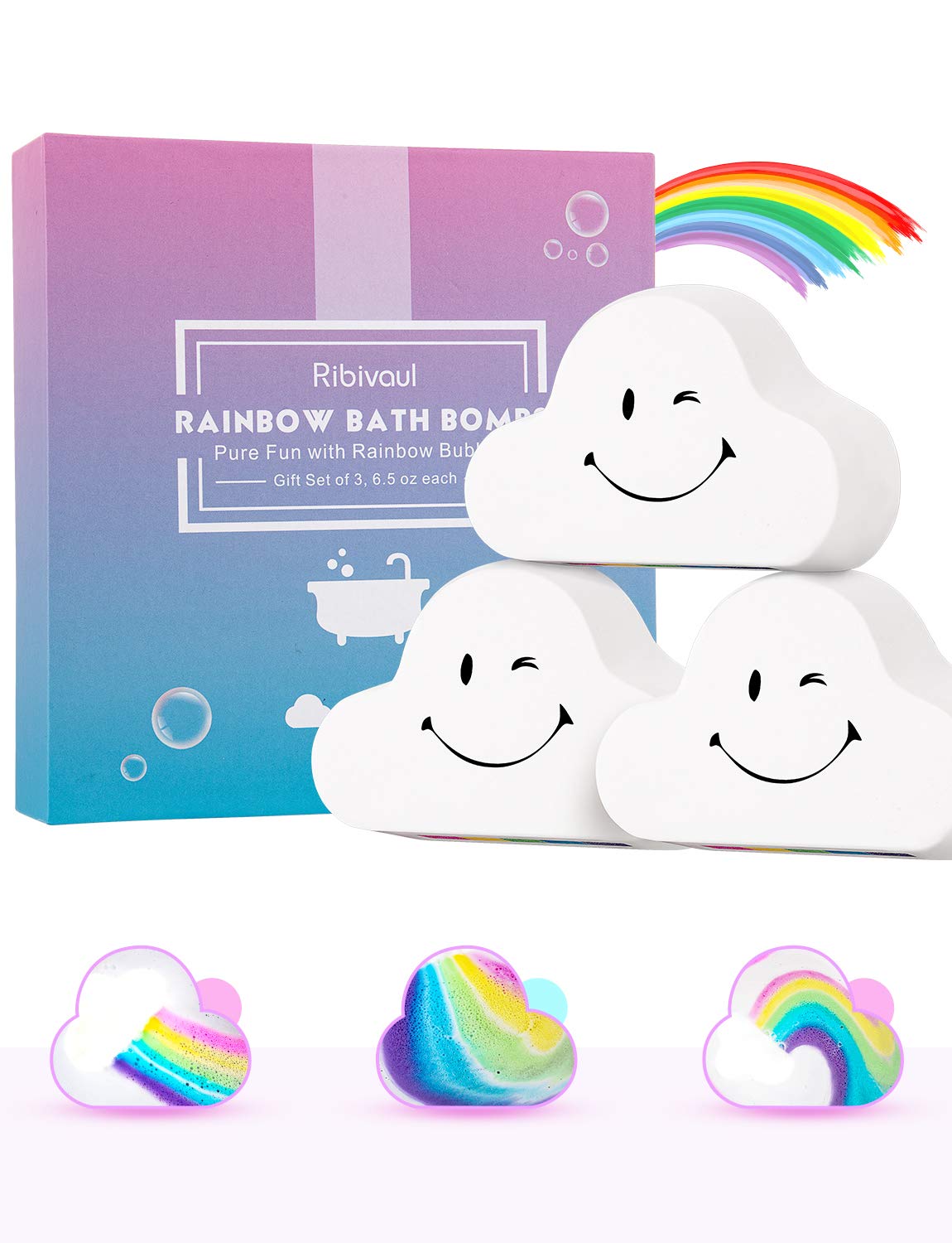 Ribivaul Cloud Rainbow Bath Bombs – XXXL Handmade 3x6 oz, Natural & Organic, Surprise Colors Inside
