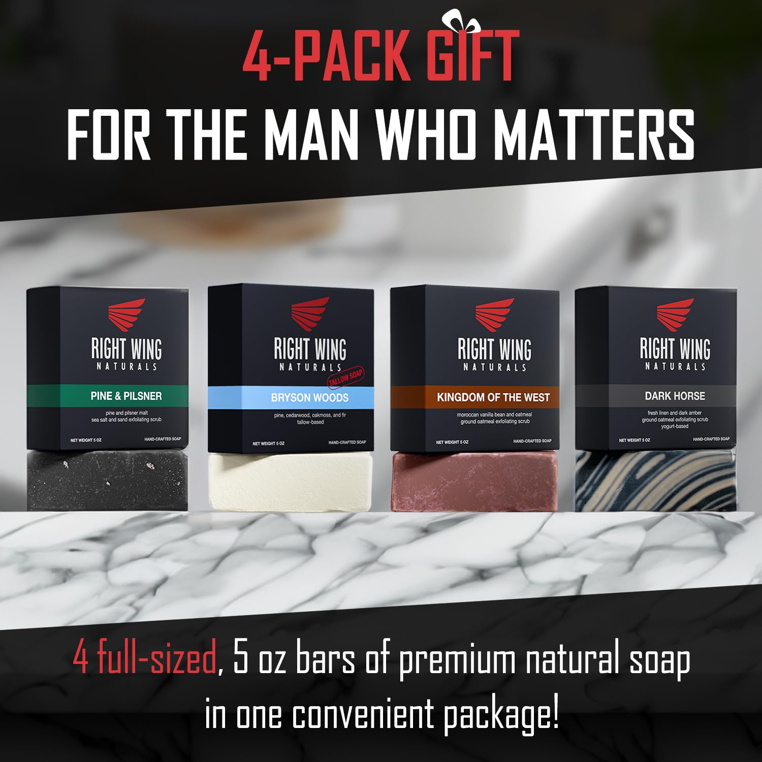 Right Wing Naturals The Frontiersman 4-Pack Bar Soap Gift Set for Men – Handcrafted Cold-Pressed, Natural Scented