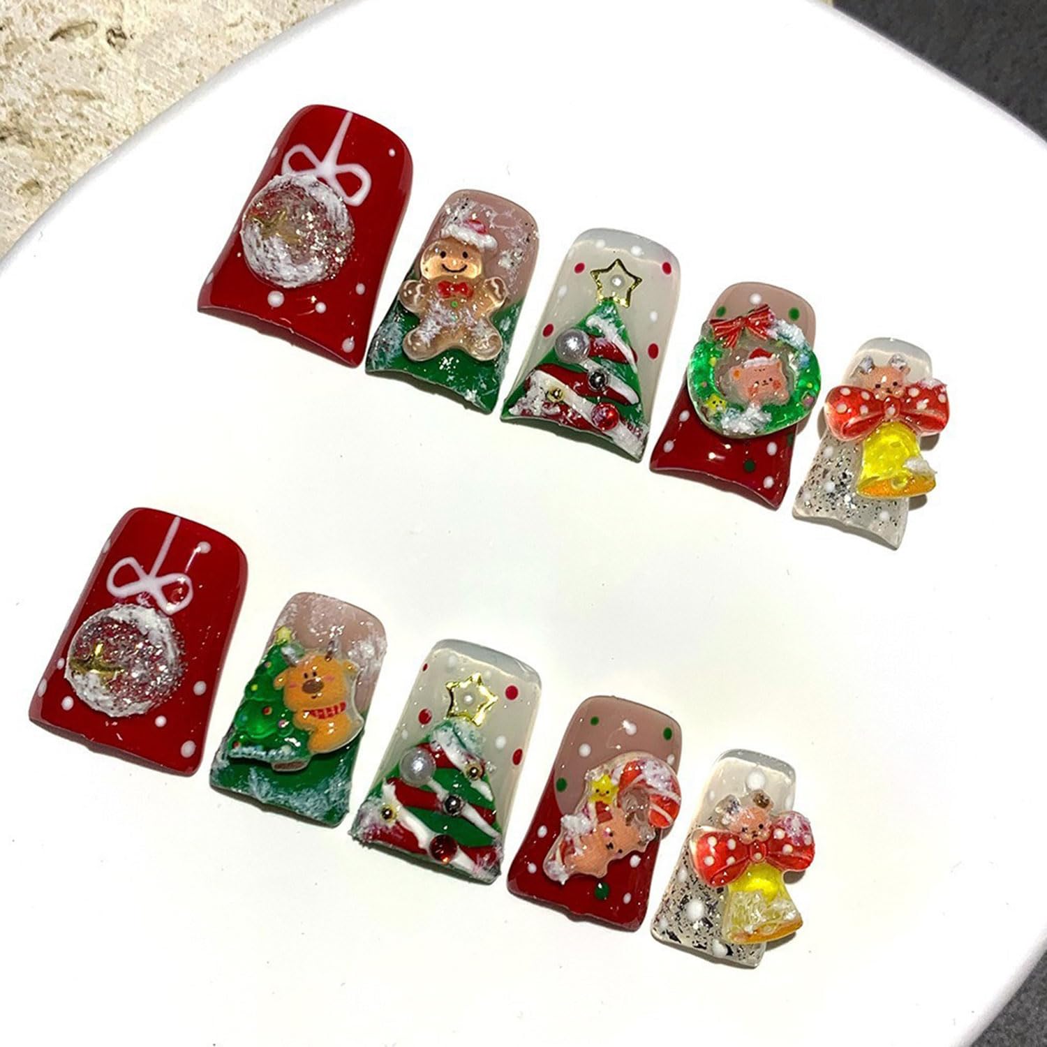 RIICFDD Christmas Press-On Nails Kit – 10 Pcs Luxury Glossy Red Full-Cover Nails with Glue & Tools