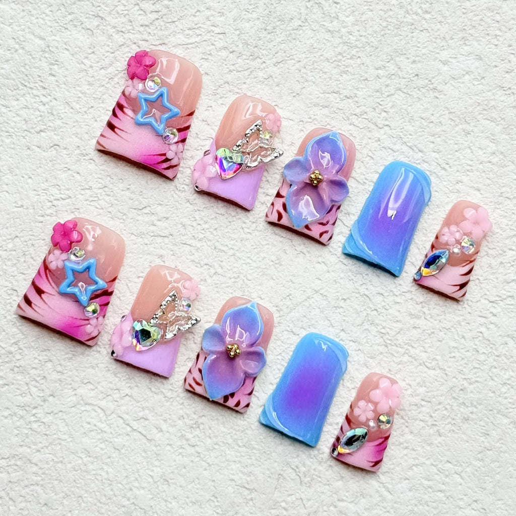 RIICFDD Thick Press On Nails – Medium Duck Nails with 3D Flower Art, Gems, Reusable Acrylic