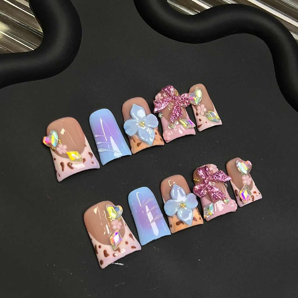 RIICFDD Duck Handmade Press-On Nails – 10 Pcs French Tip with Blue Flower & Rhinestone Bow
