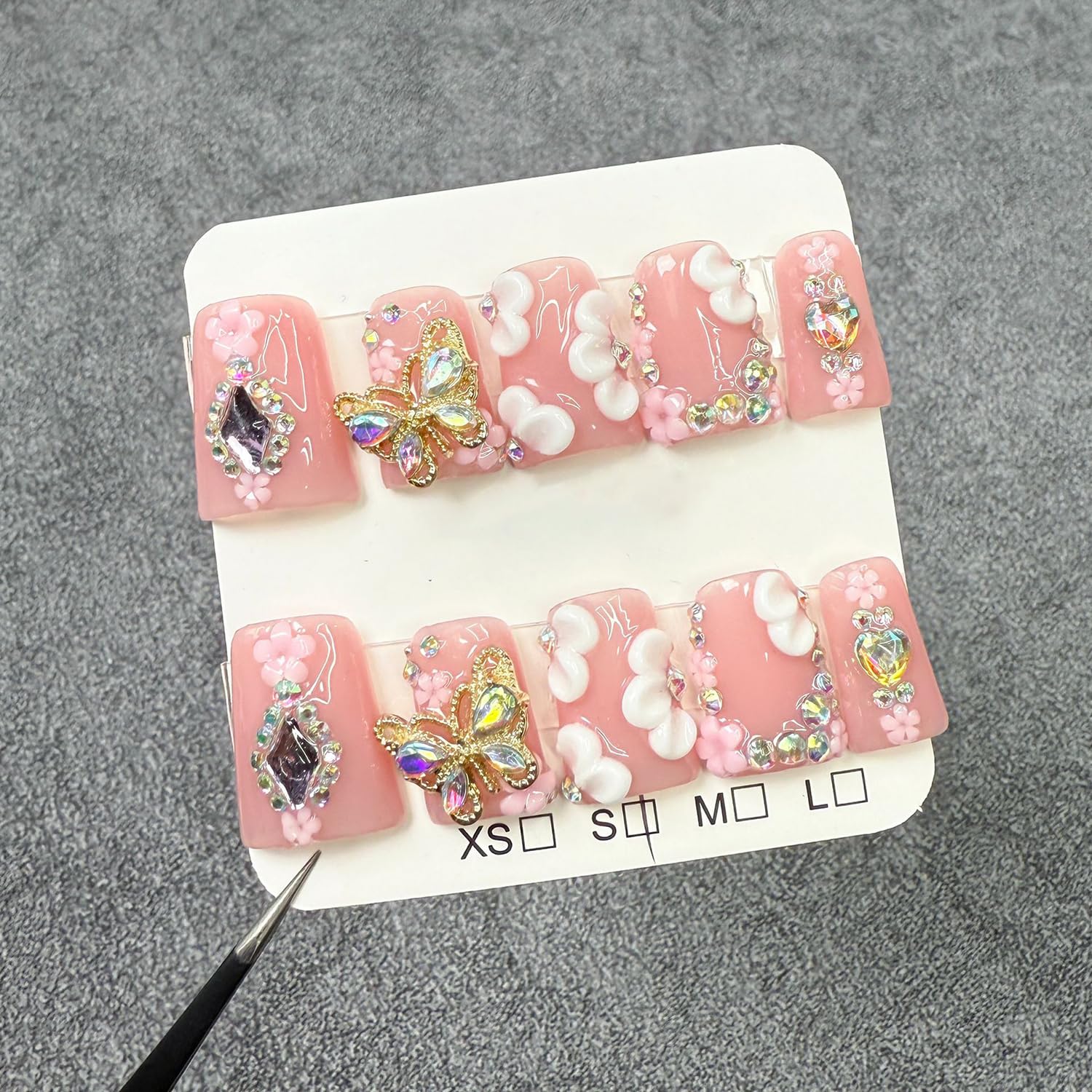RIICFDD Duck Nail Set – 24-Piece Press-On Nails with Glue, 12 Sizes, 3D Butterfly Rhinestones, Nude Pink Full Cover