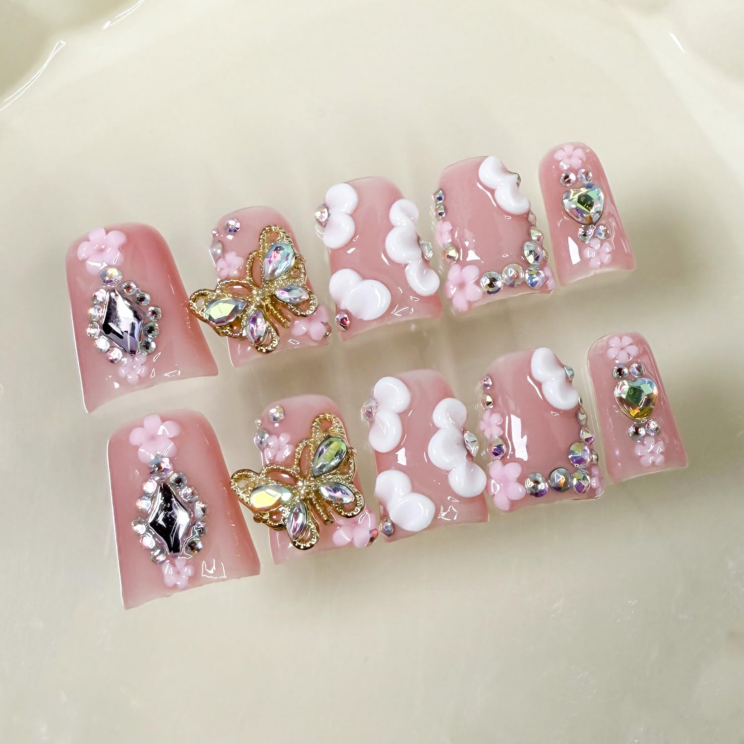 RIICFDD Duck Nail Set – 24-Piece Press-On Nails with Glue, 12 Sizes, 3D Butterfly Rhinestones, Nude Pink Full Cover