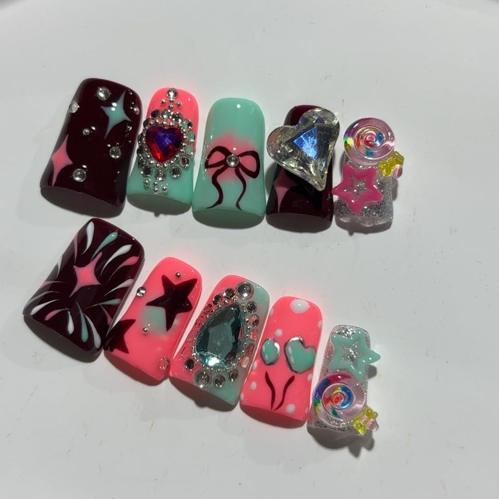 RIICFDD Duck Press-On Nails – 10 Pcs Handmade, 3D Rhinestone Hearts, Reusable Full Cover (Size M)