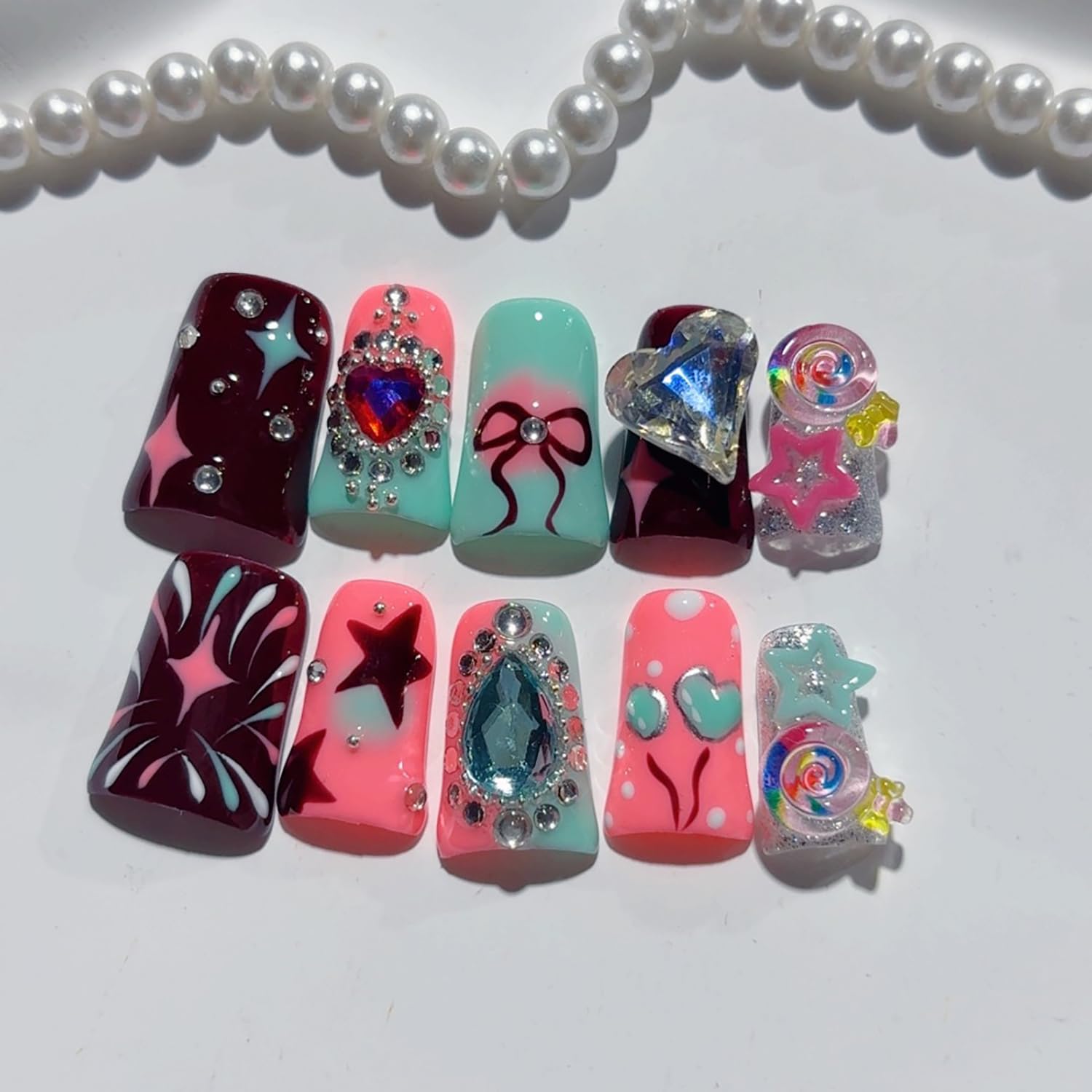 RIICFDD Duck Press-On Nails – 10 Pcs Handmade, 3D Rhinestone Hearts, Reusable Full Cover (Size M)
