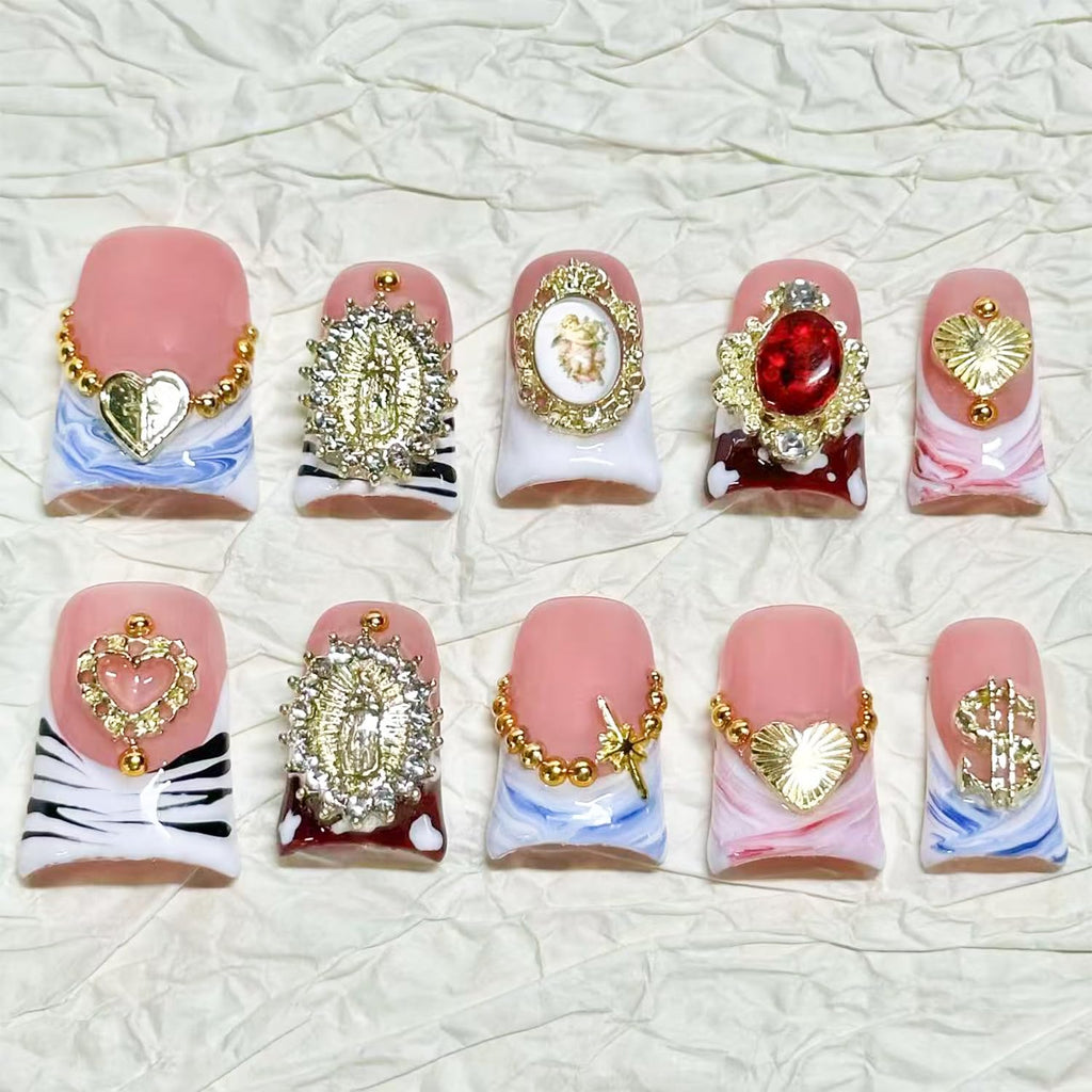 RIICFDD 10 Pcs Duck Press-On Nails Sea Waves Pink French Tip – 3D Golden Heart, Reusable Acrylic Kit