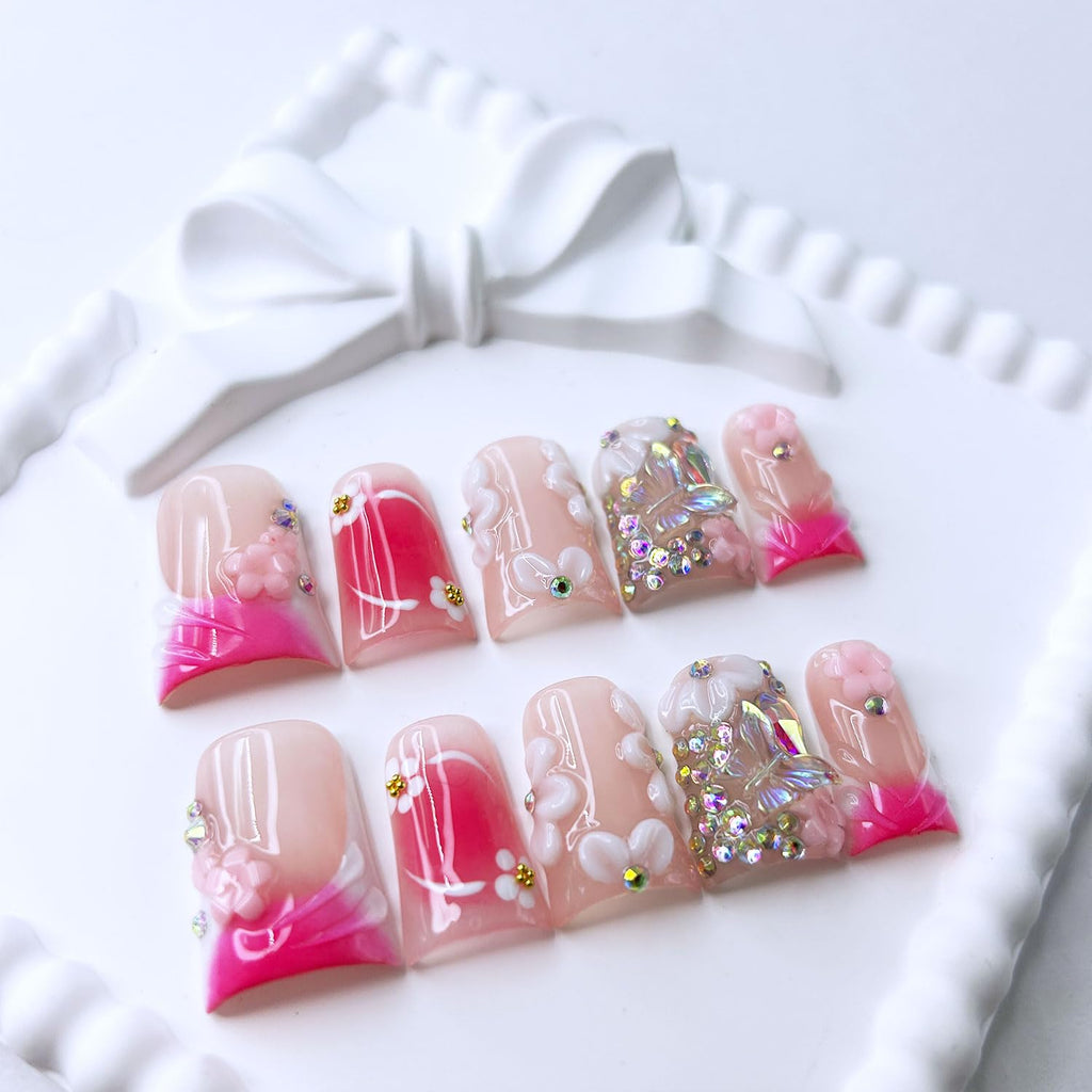 RIICFDD 10 Pcs Handmade Press-On Nails – Medium Duck, Rose Pink with 3D Flowers & Butterfly Rhinestones