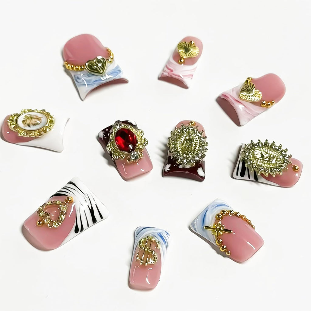 RIICFDD 10 Pcs Duck Press-On Nails Sea Waves Pink French Tip – 3D Golden Heart, Reusable Acrylic Kit