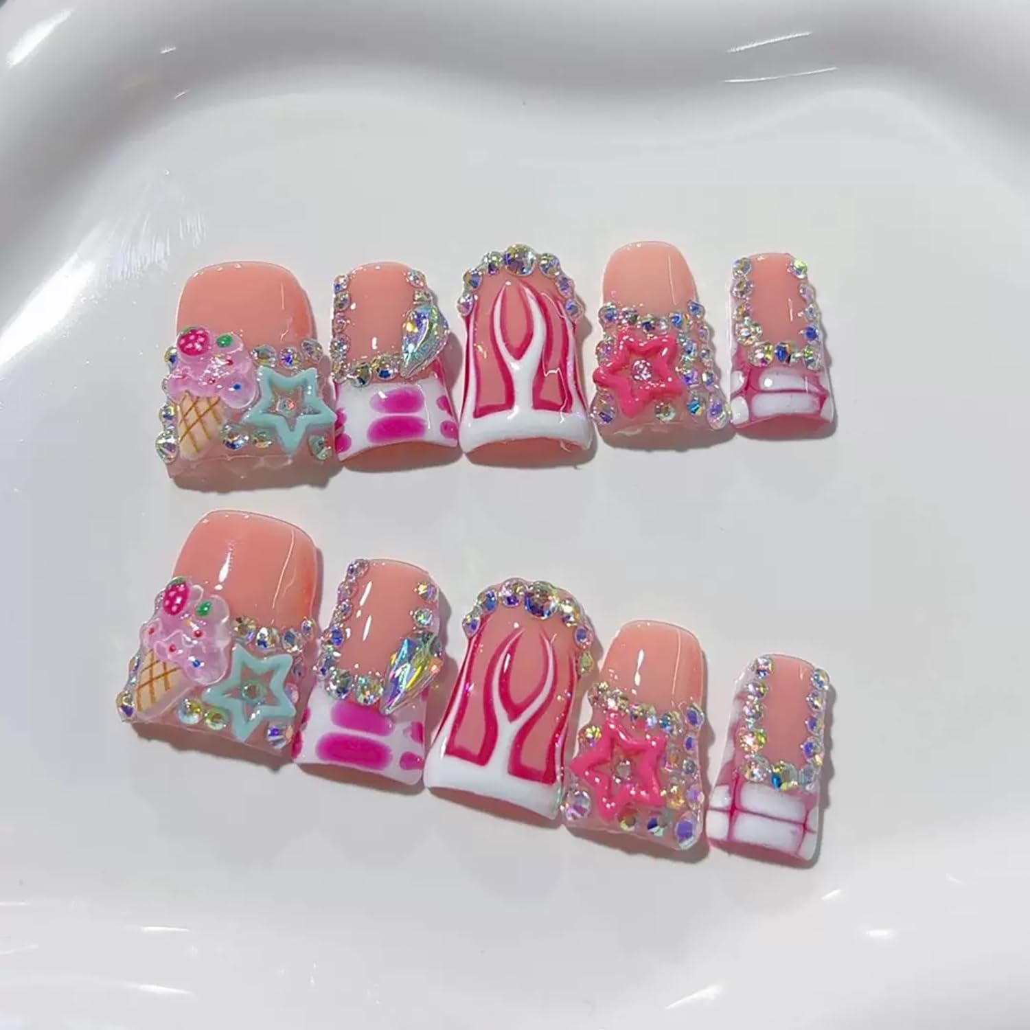 RIICFDD 10 Pcs Thick Press-On Nails – Nude Pink Glossy, Reusable with Glue (Size M)
