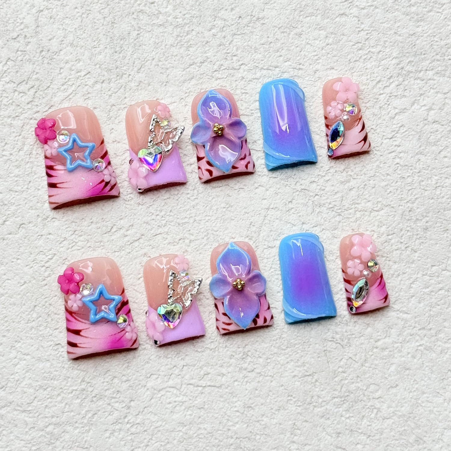 RIICFDD Thick Press On Nails – Medium Duck Nails with 3D Flower Art, Gems, Reusable Acrylic