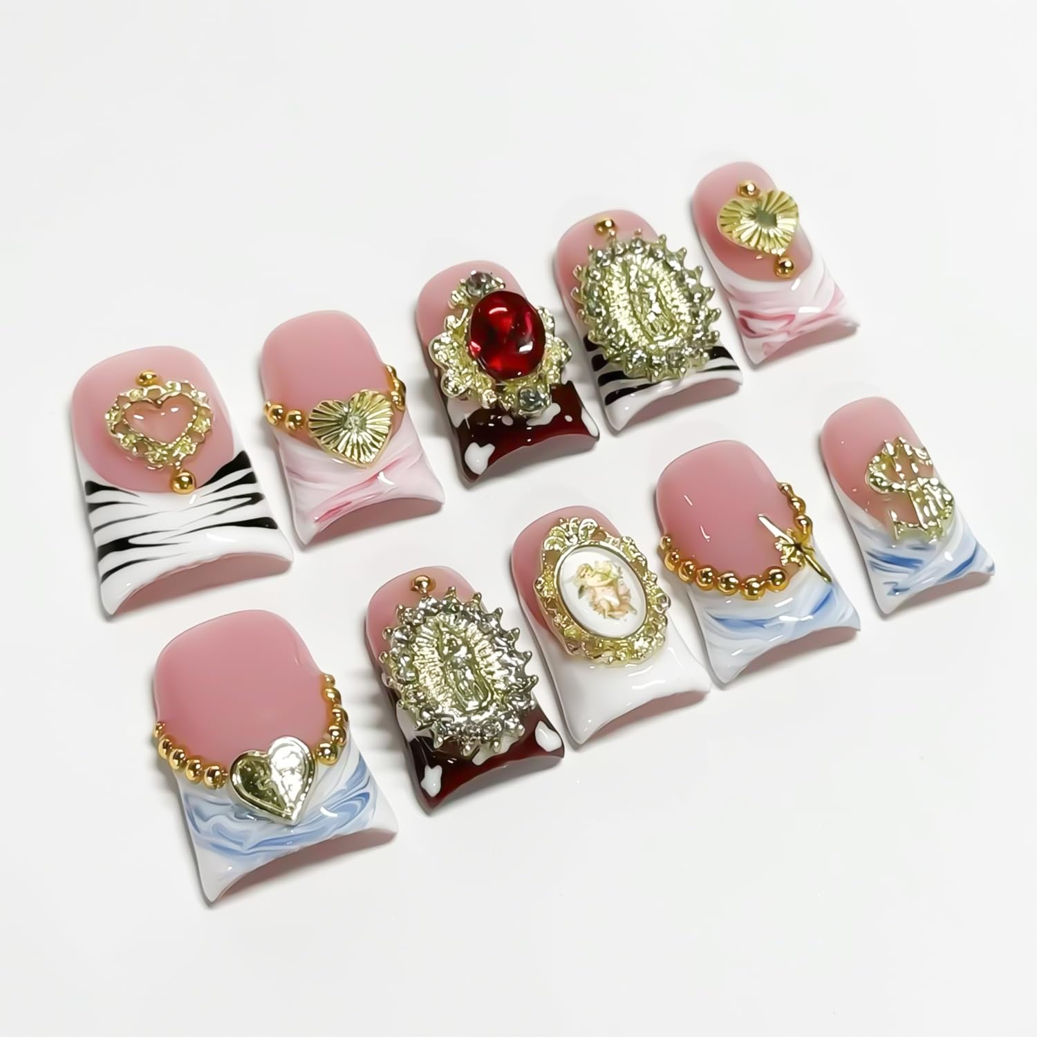 RIICFDD 10 Pcs Duck Press-On Nails Sea Waves Pink French Tip – 3D Golden Heart, Reusable Acrylic Kit