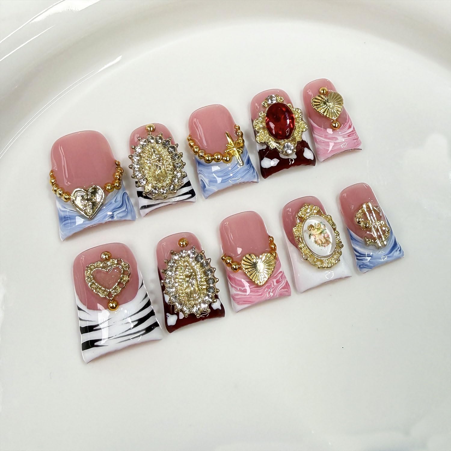 RIICFDD 10 Pcs Duck Press-On Nails Sea Waves Pink French Tip – 3D Golden Heart, Reusable Acrylic Kit