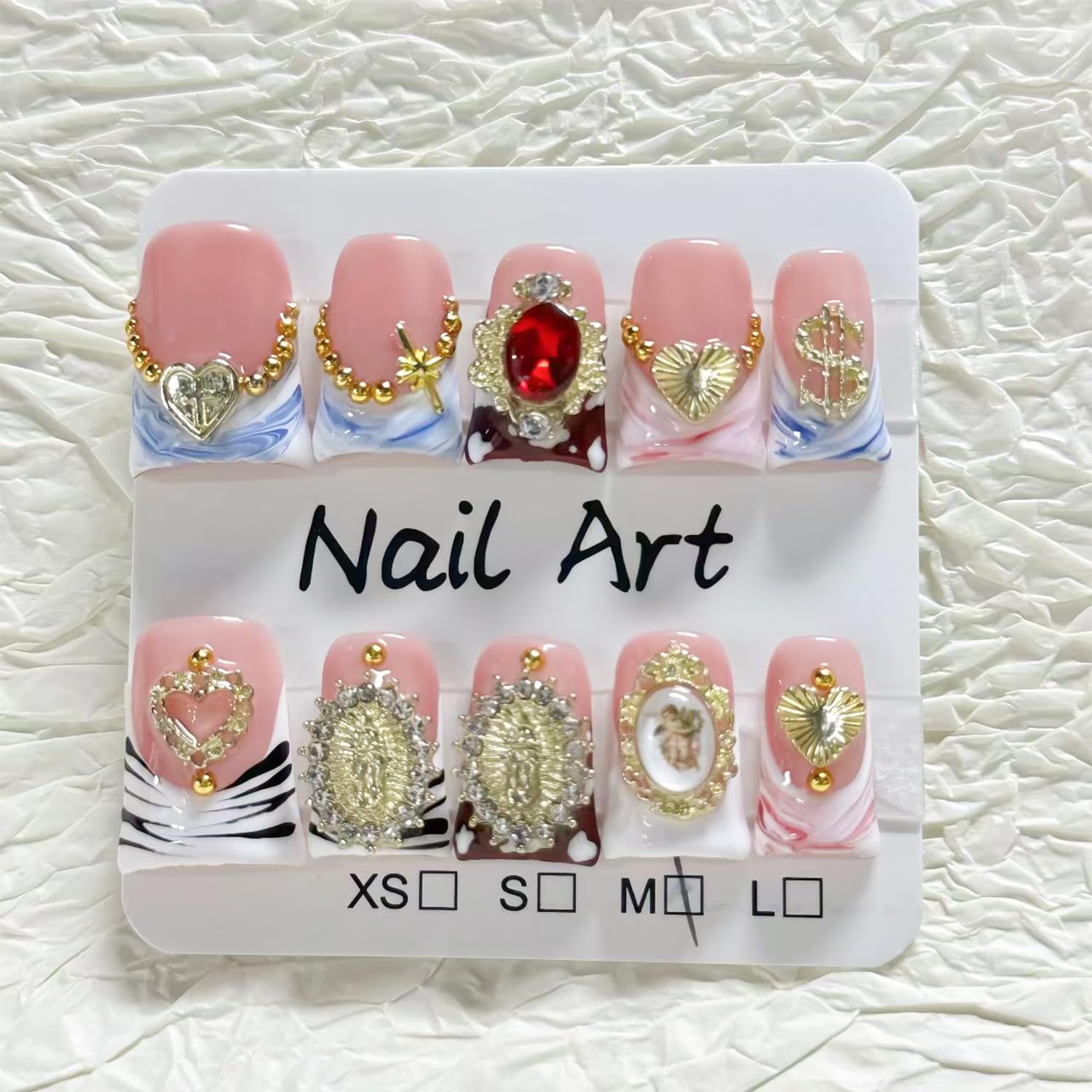 RIICFDD 10 Pcs Duck Press-On Nails Sea Waves Pink French Tip – 3D Golden Heart, Reusable Acrylic Kit