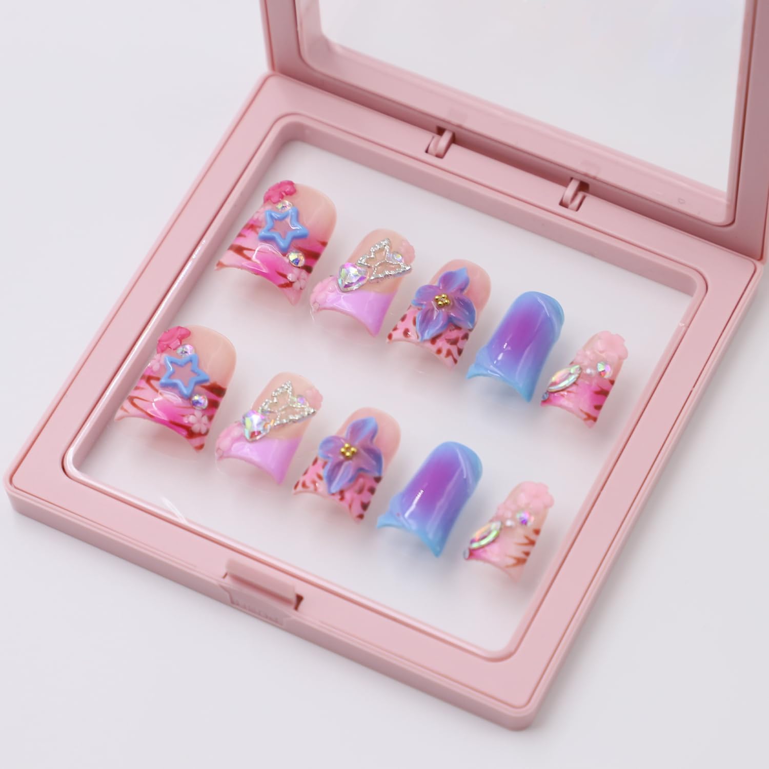 RIICFDD Thick Press On Nails – Medium Duck Nails with 3D Flower Art, Gems, Reusable Acrylic